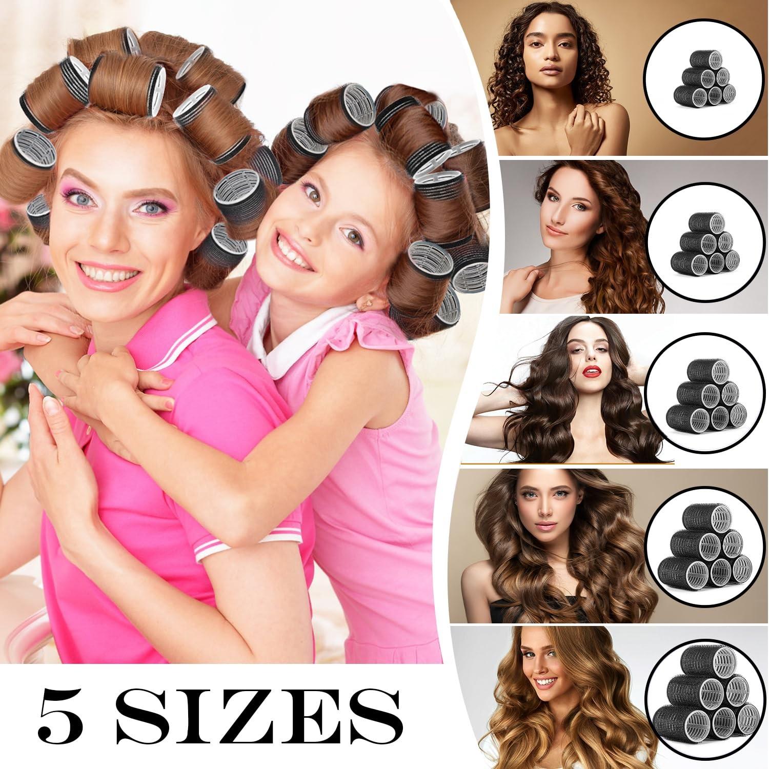 61-Piece Curling Iron Set, Self-Adhesive Curlers with Clips, 6 Sizes, Heat-Free, for Long, Medium, Short Hair, Includes Stainless Steel Clips
