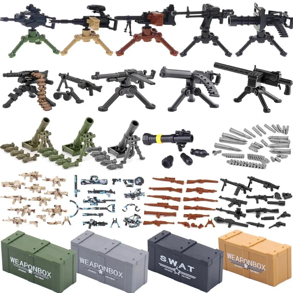Military Weapons Building Blocks Soldier Figure Toy Gatling M2 Heavy Machine Gun NSV M19 Box Rifle Bullet Chain Mortar K045