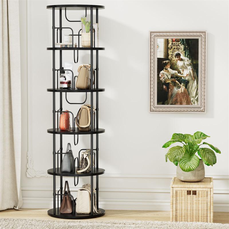 Flycity Rotating Bookshelf,3 Tier - 5 Tier Spinning Bookshelf Tower,360° Display Floating Shelves,Floor Standing Corner Racks Furniture Storage Organizer Design Round Modern floating shelves Adjustable Height Chair