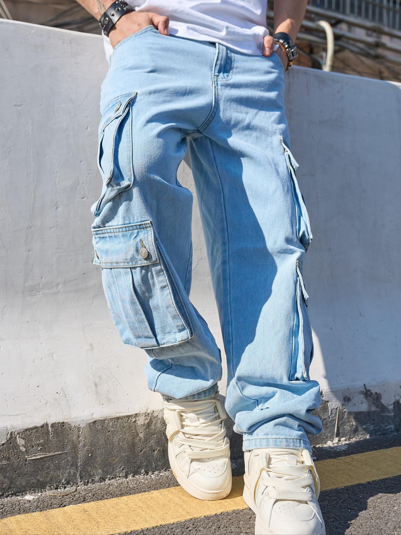 Men's Solid Flap Pocket Cargo Jeans, Loose Casual Street Fashion Denim Pants for Daily Wear, Men's Trousers for All Seasons