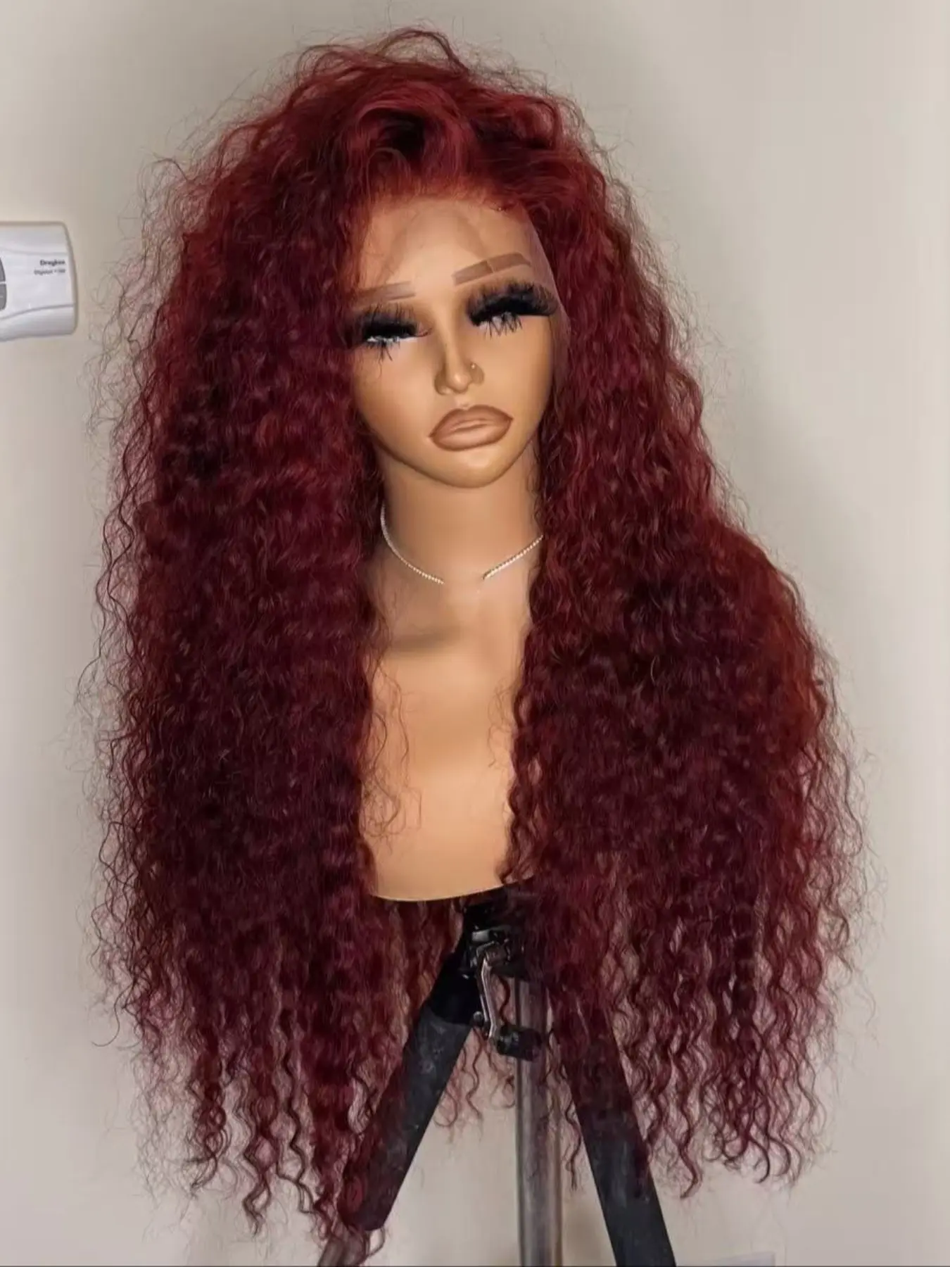180 density 26 inch long burgundy curly front lace wig without glue, soft and breathable curly hair for babies, pre combed daily wig, heat-resistant summer lace, natural hairline, doll hair, Glueless Frontal Wigs