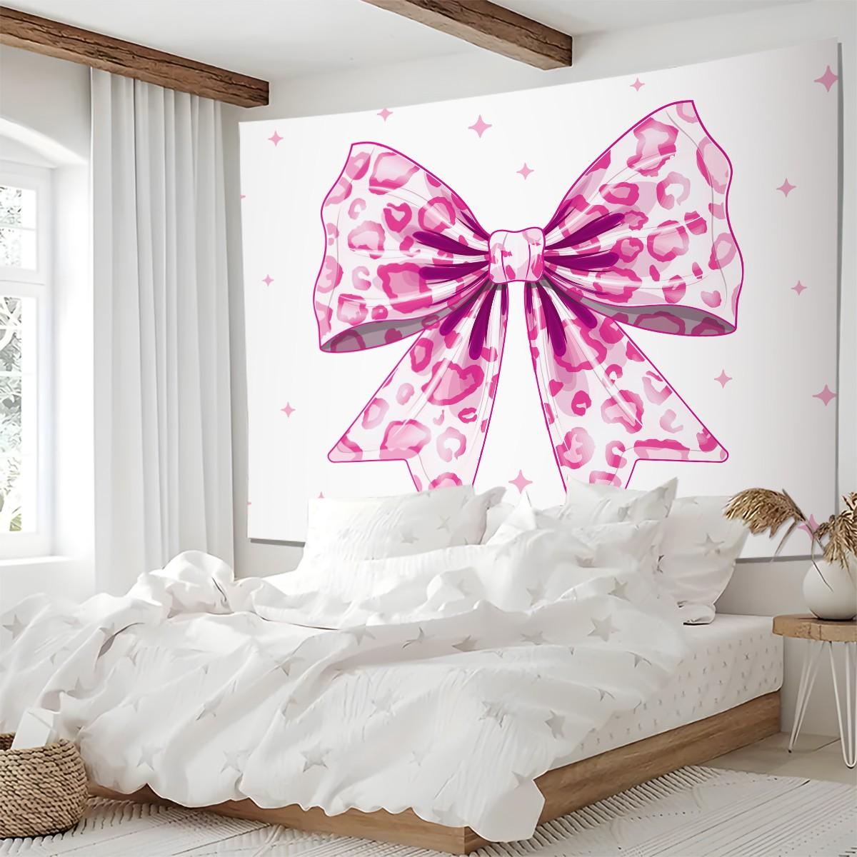 Pink Leopard Bow Tapestry, Cute Y2K Wall Hanging, Aesthetic Tapestries, Soft Wall Blanket, Girly Backdrop Decor for Girls Bedroom & Dorm Room