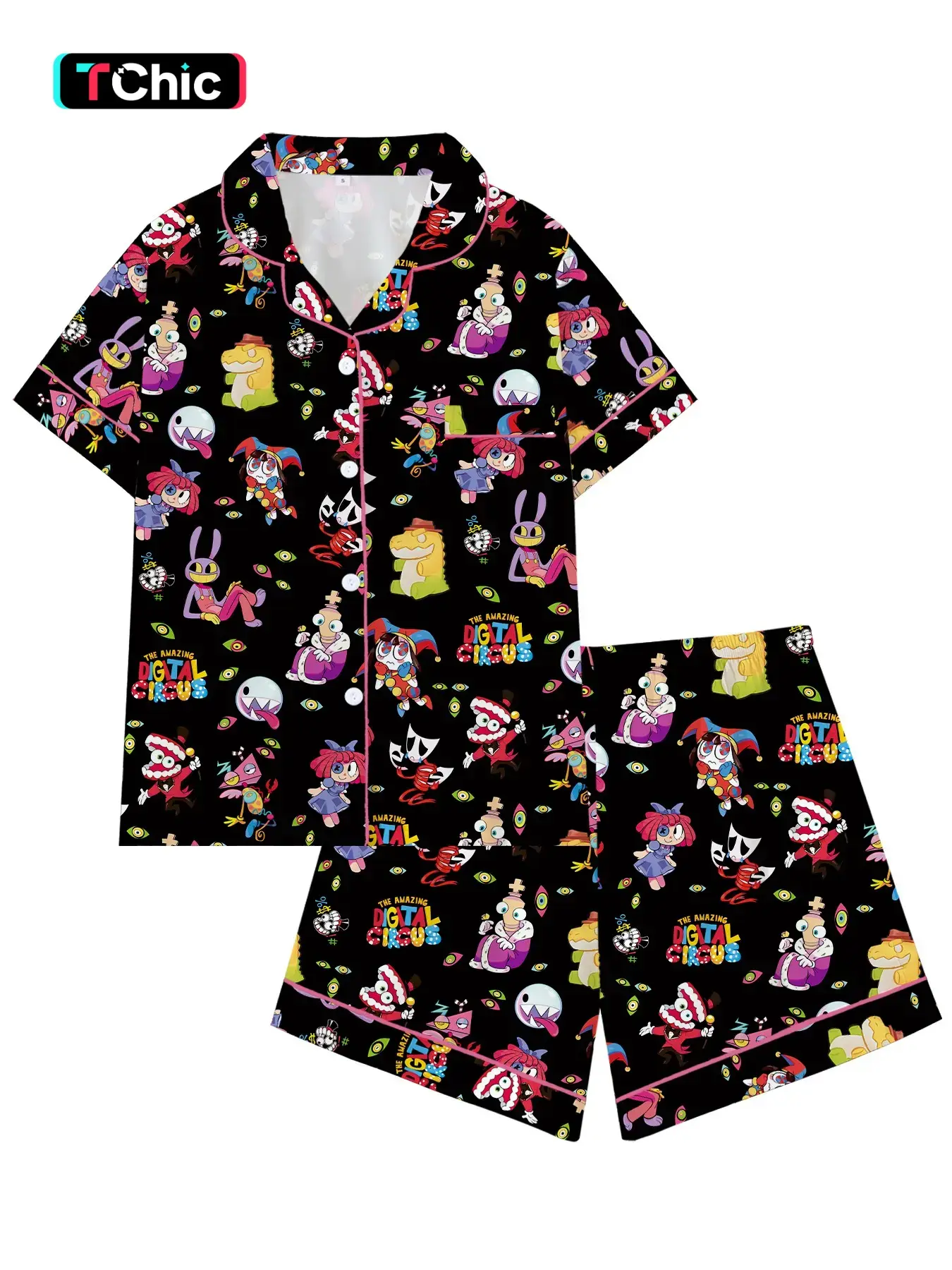 Clown Game Cartoon Character Lapel Short Sleeve Pajama Set, Comfortable Sleepwear for Home and Outdoors, Perfect Gift for Relaxing Nights