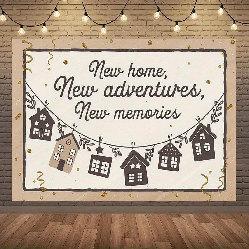 1pc Housewarming Party Banner - "New Home, New Adventures, New Memories" Backdrop Decor with Golden Glitter & Cartoon Houses  Polyester,  Perfect for Holiday Parties, Home Decor & Studio Props, Photo Booth Prop | Ru