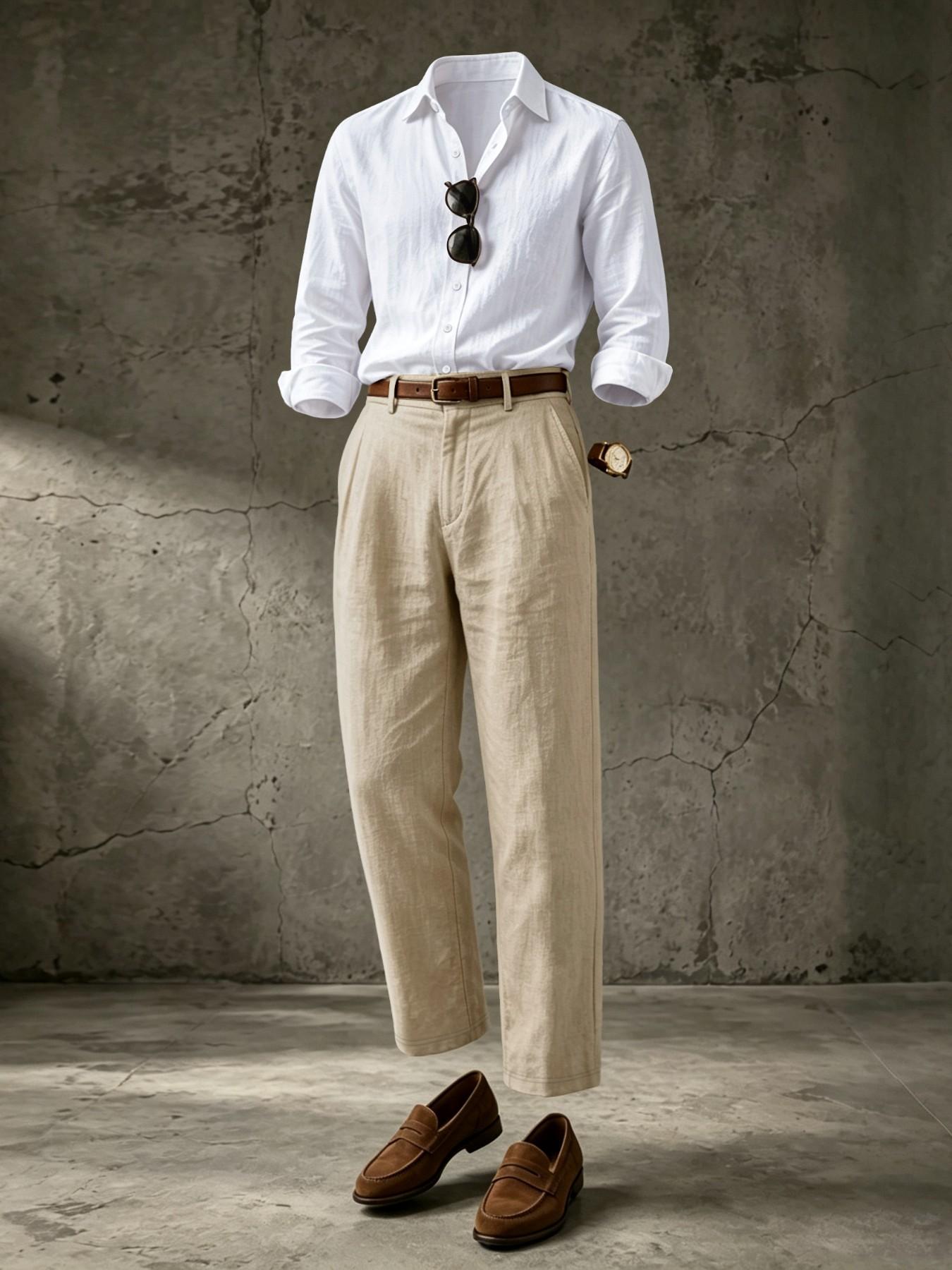 Men's Linen Set, Casual Loose-Fit Blouse and Pants, Long Sleeve Button-Down Shirt, Business Daily Wear, Formal, All Seasons