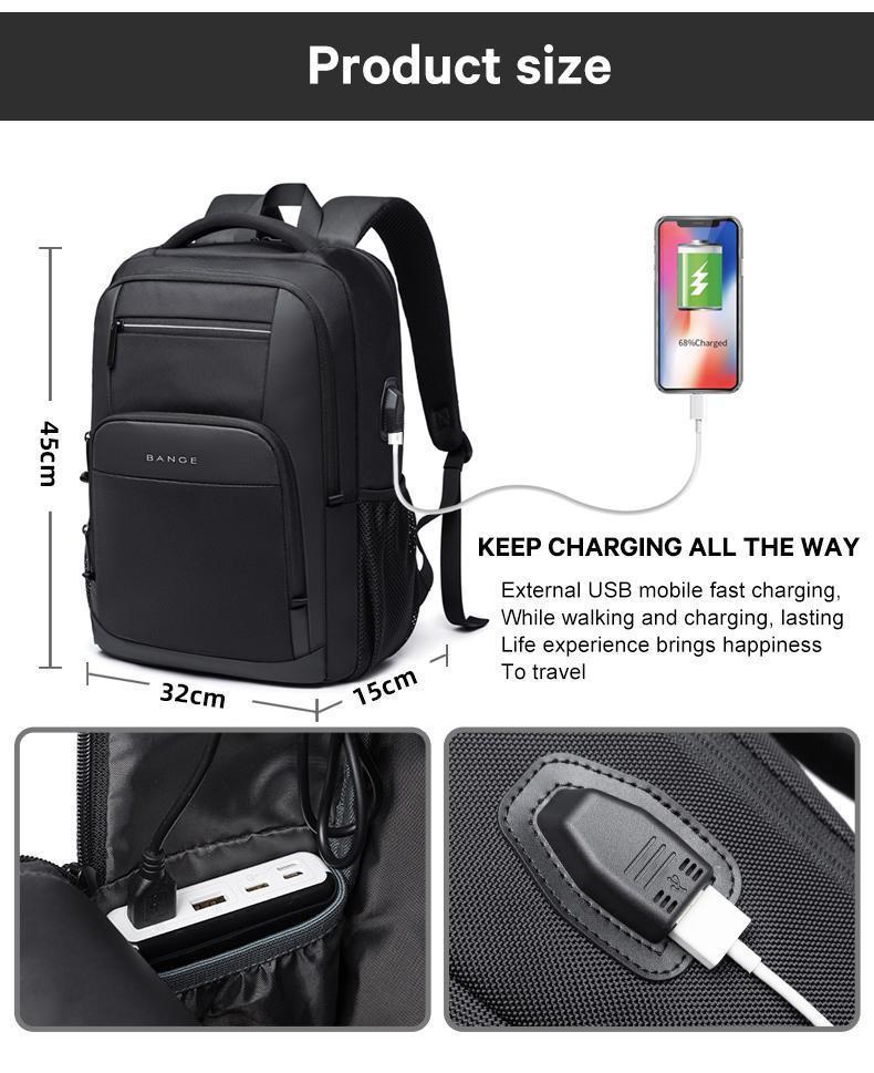 BANGE Lightweight 15.6in Laptop Backpack for Men, Waterproof with USB Charge Port, Multifunctional for Travel & Hiking, Fits Computers & School Use