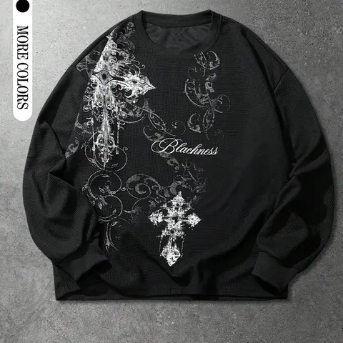 Men's Gothic Graphic Sweatshirt, Long Sleeve Fitted Pullover, Gothic Style Pullover, Casual Spring & Fall Fashion, Comfortable and Trendy Outerwear
