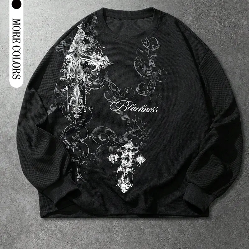 Men's Gothic Graphic Sweatshirt, Long Sleeve Fitted Pullover, Gothic Style Pullover, Casual Spring & Fall Fashion, Comfortable and Trendy Outerwear