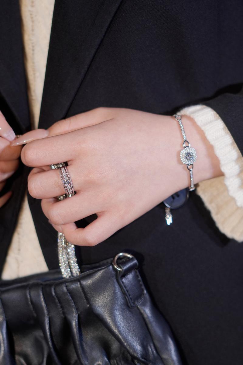 【#386 Spring Special】Antique Filigree Ring 1/2CT and Square Halo Slider Bracelet 1CT Synthetic Moissanite in 925 Sterling Silver