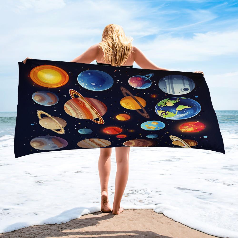 Cute Planets Graphic Beach Towel, Quick Dry Microfiber Towel with High Absorbency, Sand Proof Pool Towel for Kids Adults, Space Themed Beach Accessory