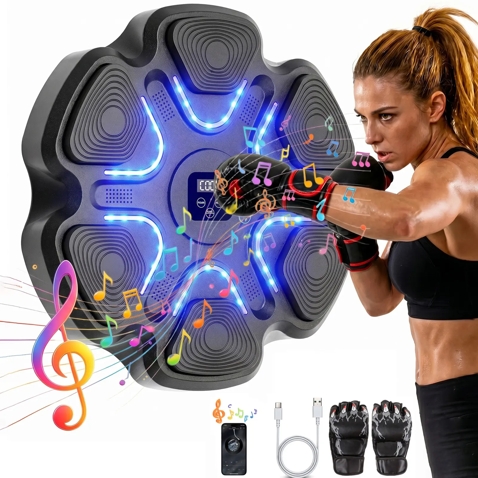 Music Boxing Machine with Boxing Gloves, Smart Bluetooth Boxing Trainer, Boxing Wall Mount Machine for Adults Kids, Electronic Boxing Target Fitness for Home Office Gym