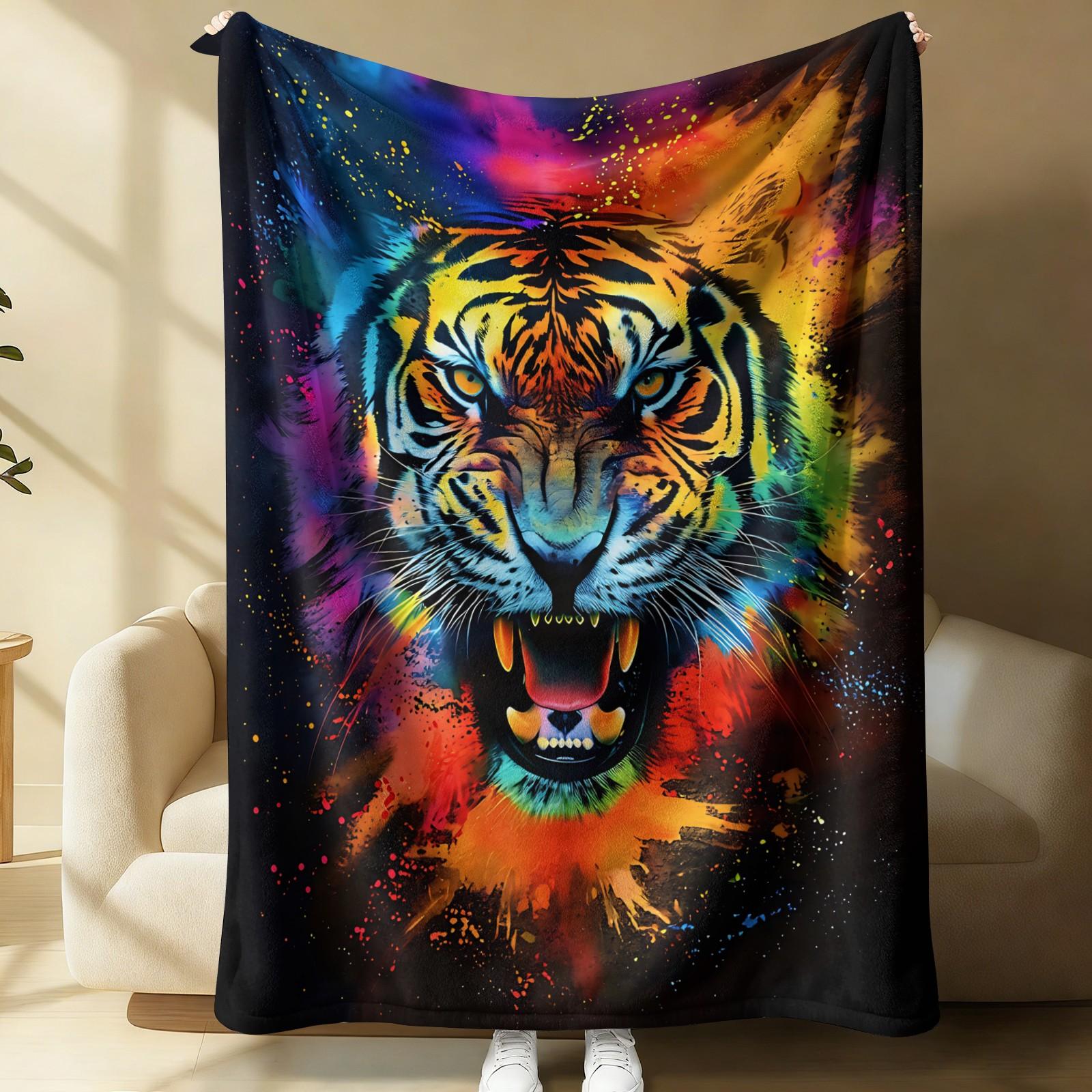 Vibrant Tie-Dye Tiger Print Flannel Throw Blanket, Soft Warm Cozy Fleece Blanket for Couch Bed Sofa, Bold Colorful Tiger Decorative Blanket, All Season Plush Blanket, Perfect Gift Blanket for Home, Travel, Nap, All Ages