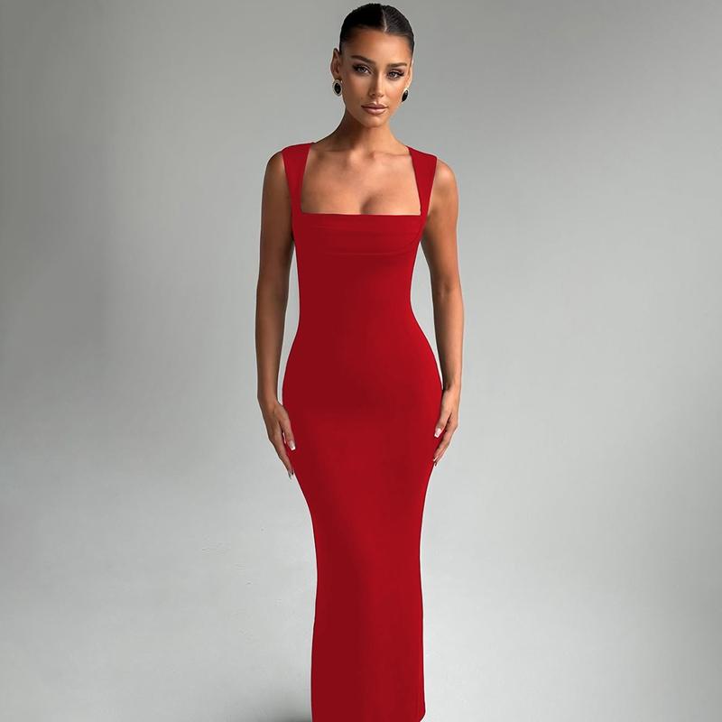 Women's Solid Color Square Neck Bodycon Tank Dress, Elegant Sleeveless Long Dress for Party Club Night Out Holiday Evening, Ladies Summer Clothes