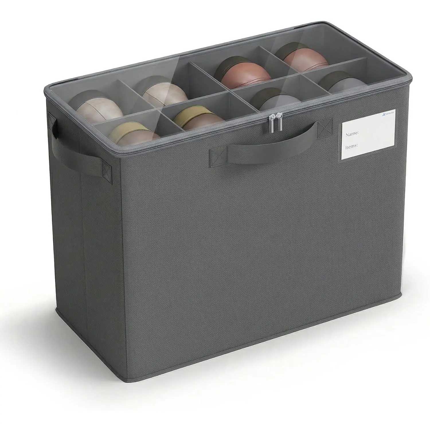 Shoe Organizer Box for Closet, Small Fabric Storage Basket Gray | Foldable Shoe Bin with Adjustable Dividers & Clear Cover, Saving Space Sneakers & Sandals Containersfor Entryway, Cubby