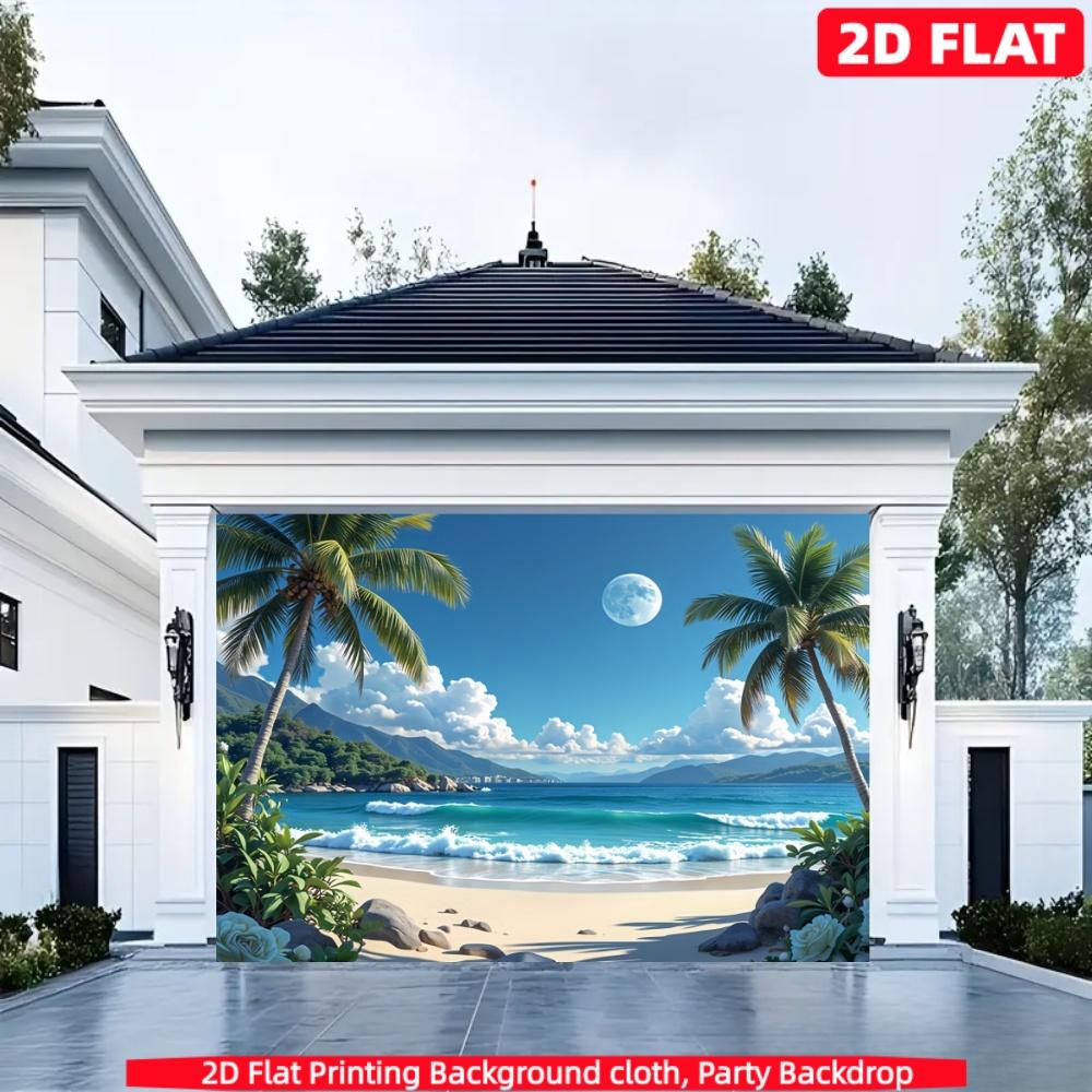 2D Flat Seaside Background Decoration Supplies, 1 PC Hawaiian Beach Scene Hanging Cloth - Tropical Party Banner with Palm Trees, Waves and Full Moon, Perfect Gift for Weddings, Birthdays, Anniversaries and All Seasons Home and Event Decoration, Hawaiian P