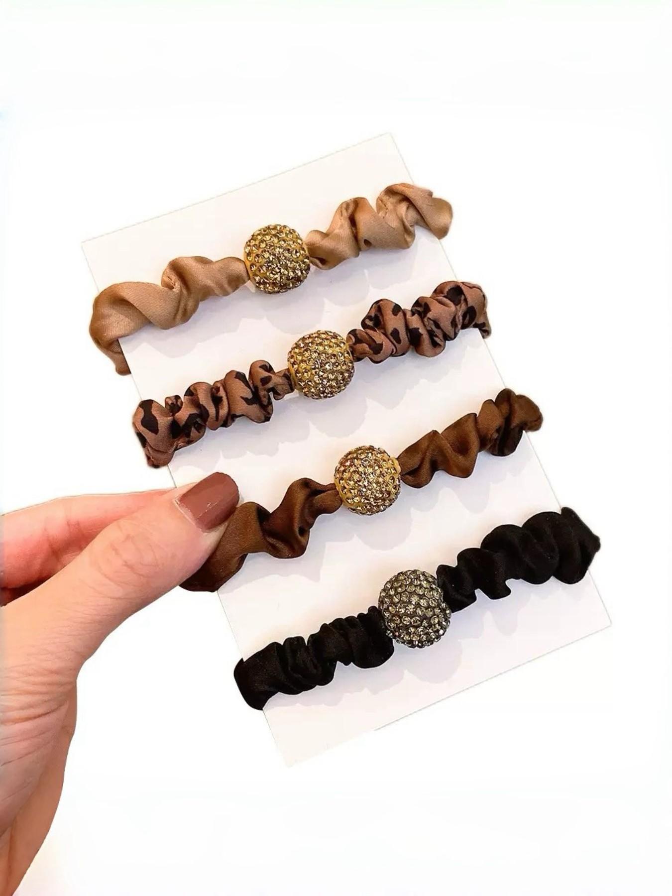 4-Pack Leopard Hair Scrunchies, High Elasticity Water Drill Ball Hair Bands, Fashionable All-Season Headbands for Women