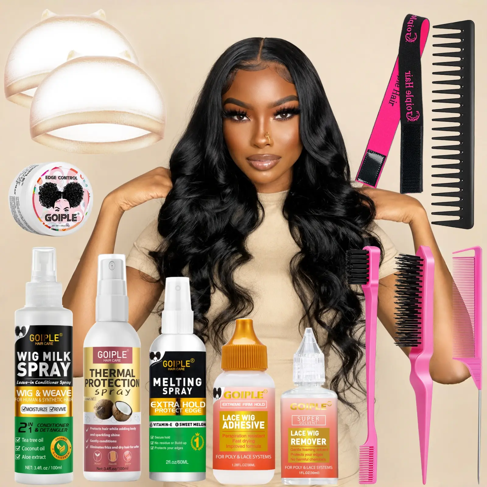 Goiple Lace Wig Install Kit, Strong Hold Glue, Lace Melting Spray For Wigs, Edge Control, Wig Spray For Synthetic Hair, Wig Milk Spray, Thermal Protection Spray for Long-Lasting Wig Melt, Beginner Friendly