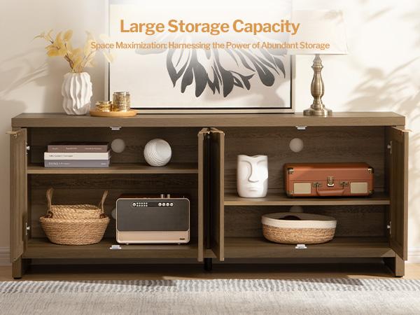 SICOTAS TV Stand for Living Room Boho Entertainment Center for Bedroom with 4 Rattan Cabinets Farmhouse Television Stands with Storage Large Wood Media Console Table for TVs up to 45 50 55 60 65 Inch