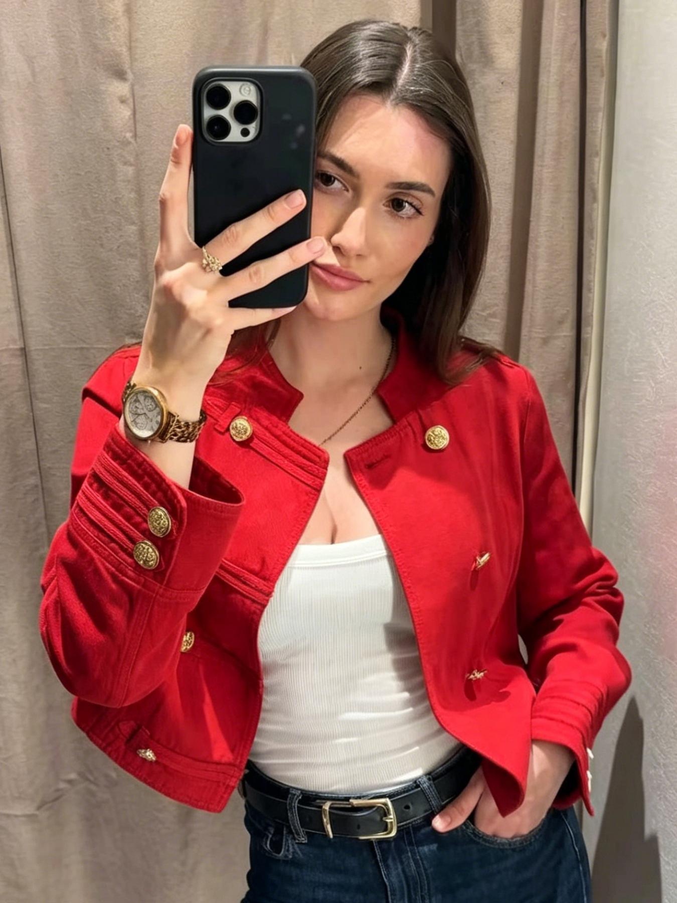 Women's Stylish Jacket Fitted Women's Cropped Slim-Fitting Red Jacket Casual Double Breasted Button Long Sleeve Tops Female Fashion Coat Streetwear Women's Demi-Season Jacket Outerwear