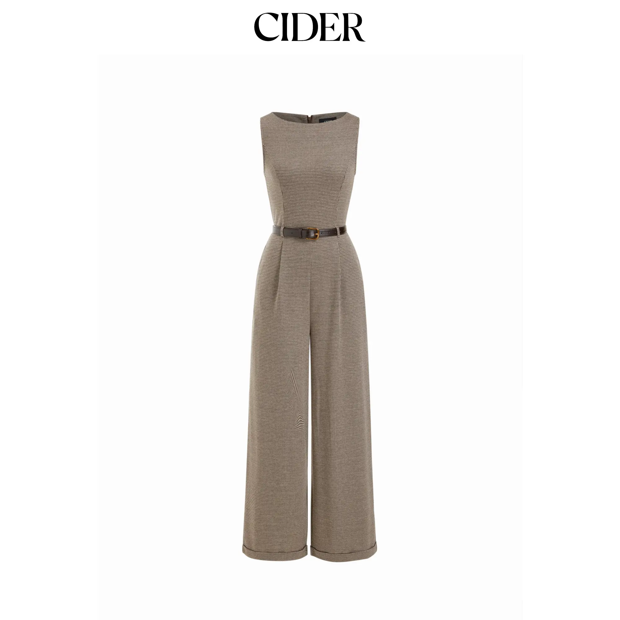 Cider Houndstooth Boat Neck Zipper Wide Leg Jumpsuit With Belt