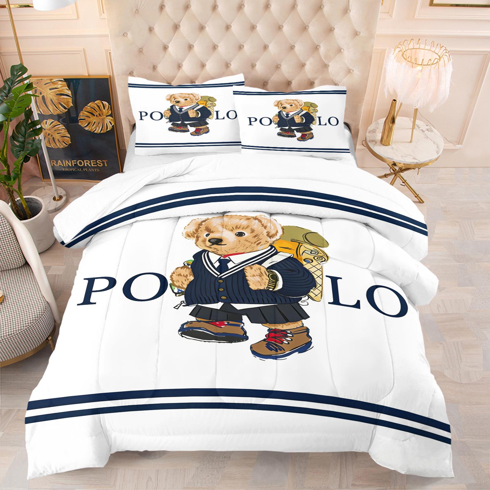 Ling grid patterned teddy bear printed bedding set, including 1 blanket and 1 or 2 pillowcases without pillowcases, soft children's or adult bedroom decoration gift Soft Bedding Sets