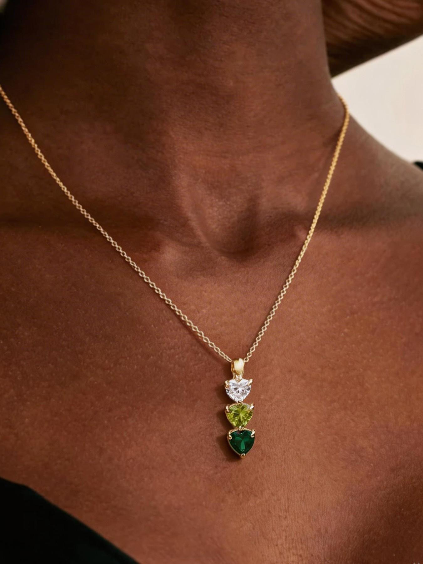 1 pcCopper gold-plated small pendant necklace with green and pink gradually changing heart-shaped gemstones, wedding necklace, bridesmaid gift, anniversary gift (for wife), grandmother gift (for mother), Mother's Day gift , Valentine's Day girlfriend gift