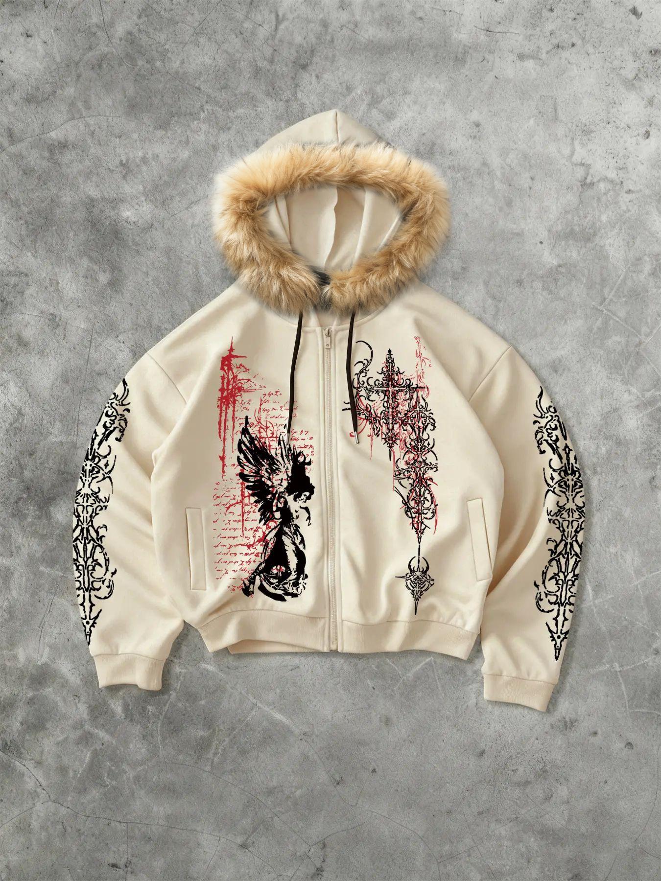 Men's Fleece-Lined Open Front Hoodie with Gothic Print, Casual Fashion Pullover for Daily Wear, Comfortable and Stylish Sweatshirt