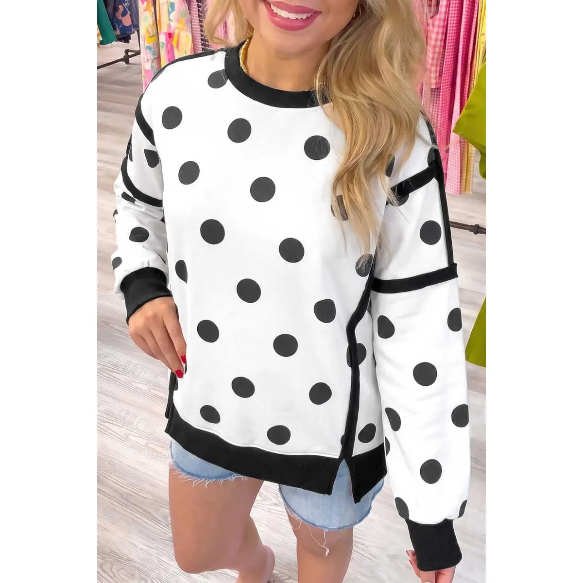 BF Women's Polka Dot Patchwork Baggy Sweatshirt, Soft Long Sleeve Colorblock Crewneck Top, Casual School and Weekend Fall Outfit