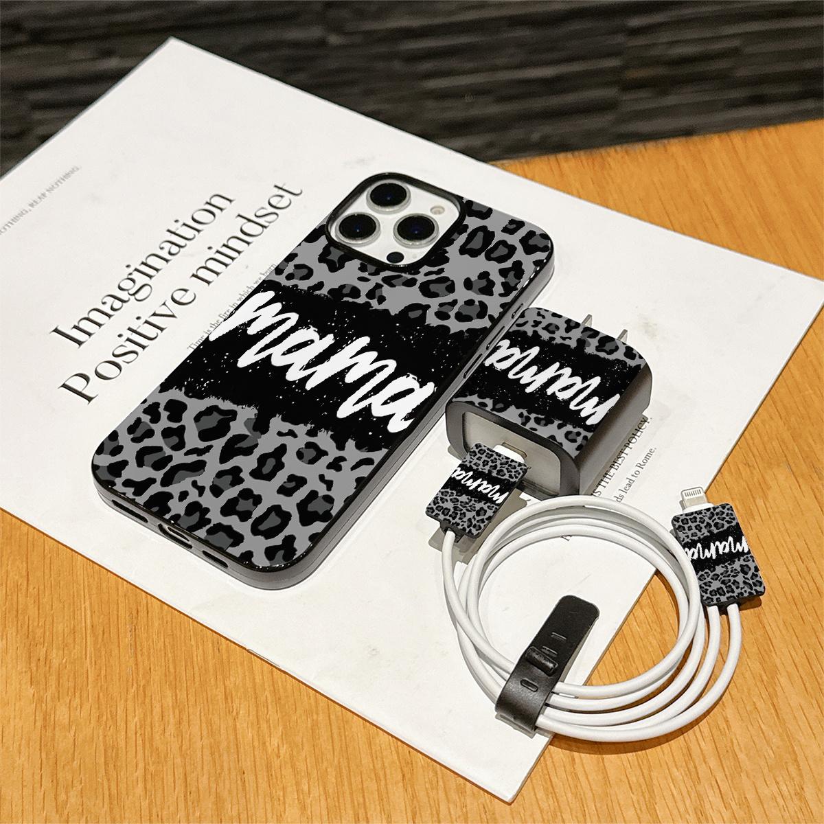 5-Piece Set Jelly Large Hole Leopard Print Letter Ma Phone Case, Charging Head Cover, Data Line Protector, Storage Rope, Smartphone Accessories