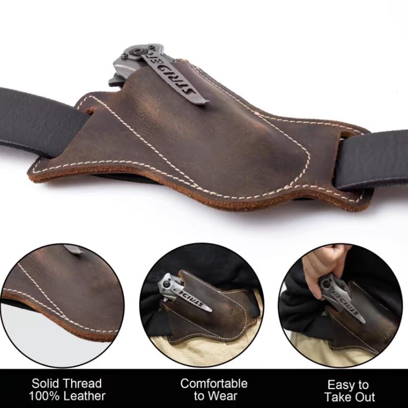 EDC outdoor travel handmade genuine leather tactical knife sheath/storage tool belt/pouch/backpack for men, foldable key gift