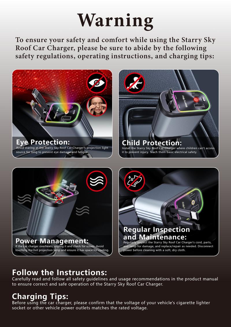 4-in-1 Headliner Fast Charging Retractable Car Charger Starlight Roof Projector with Red and Blue Light, 31-inch Retractable Cable (for Type-C and iOS Devices),- Travel Car Accessories​​