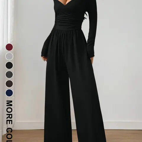 【Black Friday】Women's Spring & Summer Plain Knit Chic Wide Leg Jumpsuit, Casual Daily Wear, Slim Fitting