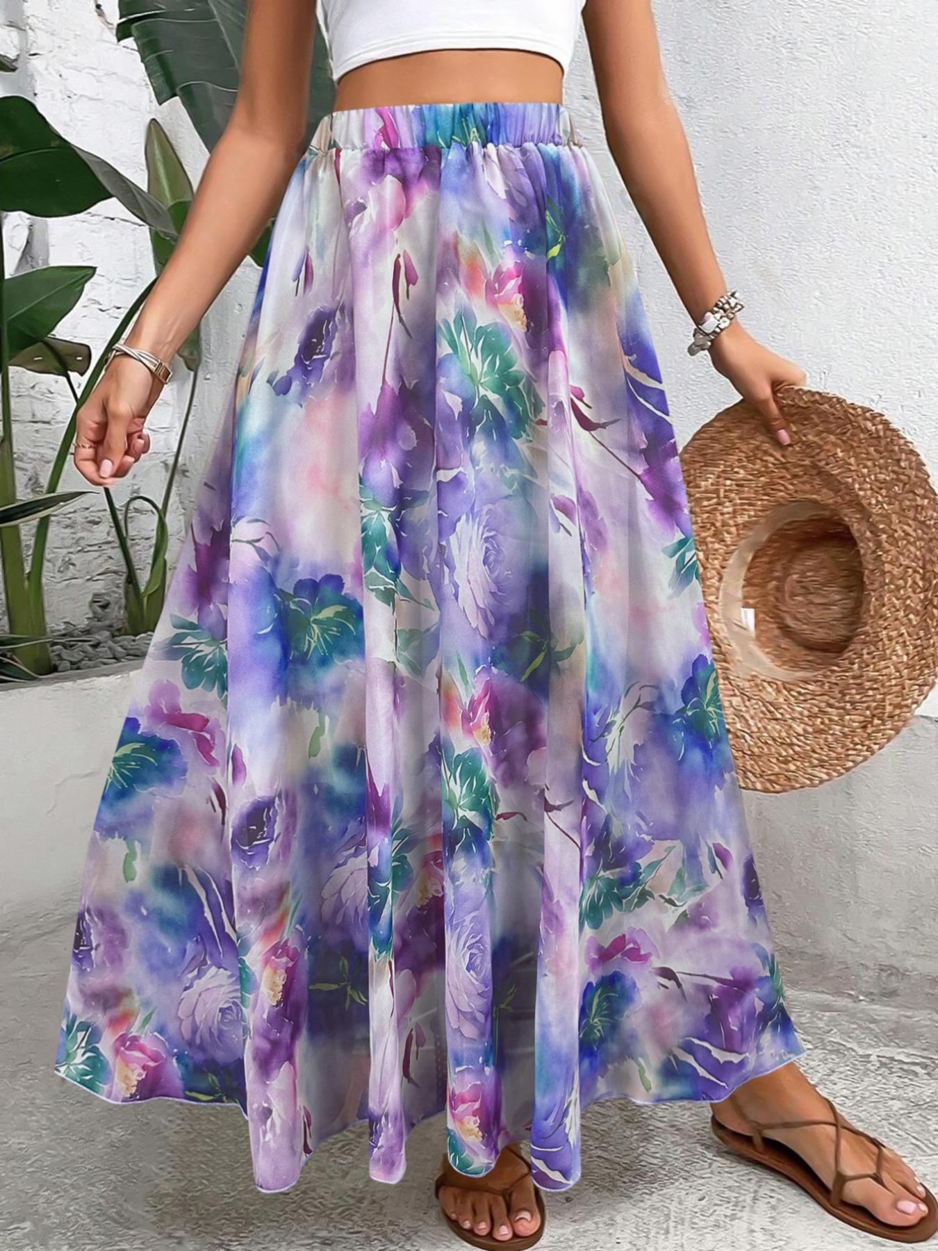 Women's Floral Print Skirt, Elegant Boho Bohemian Style Long Skirt for Beach Holiday Vacation, Ladies Bottoms for All Seasons, Womenswear