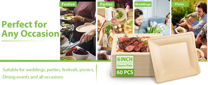 60pcs  MZLBAMBOO Disposable Compostable Square Paper Plates 6 Inch  Waterproof Oilproof Heavy-Duty Microwave For Picnic, Camping, Party, Travel