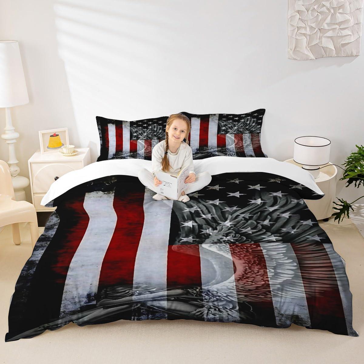 2/3 Piece Patriotic Themed Bedding Set: Eagle And American Flag Print Duvet Set, Duvet Cover Sets, Soft And Breathable, Easy Maintenance, 1 Duvet Cover+1/2 Pillowcase, No Padding/Zipper Closure, Bedroom Decoration Bedding