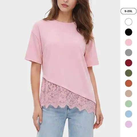 Imily Bela Womens Layered Lace Bottom T Shirt for Women Irregular Hem Crewneck Short Sleeve Casual Blouse