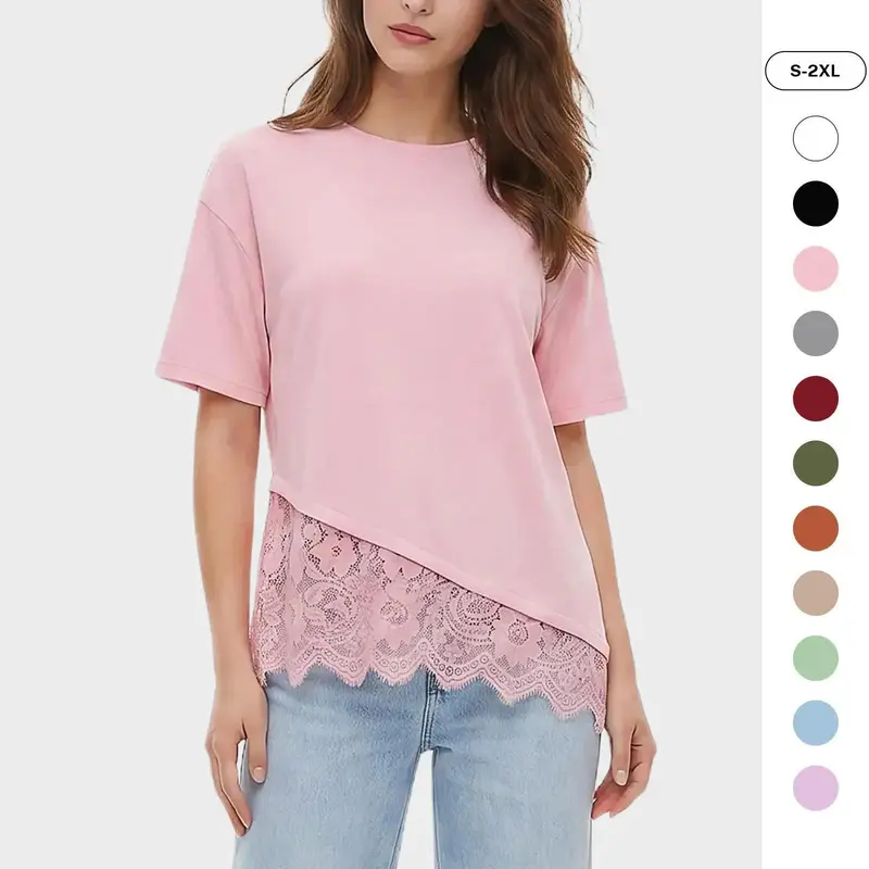 Imily Bela Womens Layered Lace Bottom T Shirt for Women Irregular Hem Crewneck Short Sleeve Casual Blouse