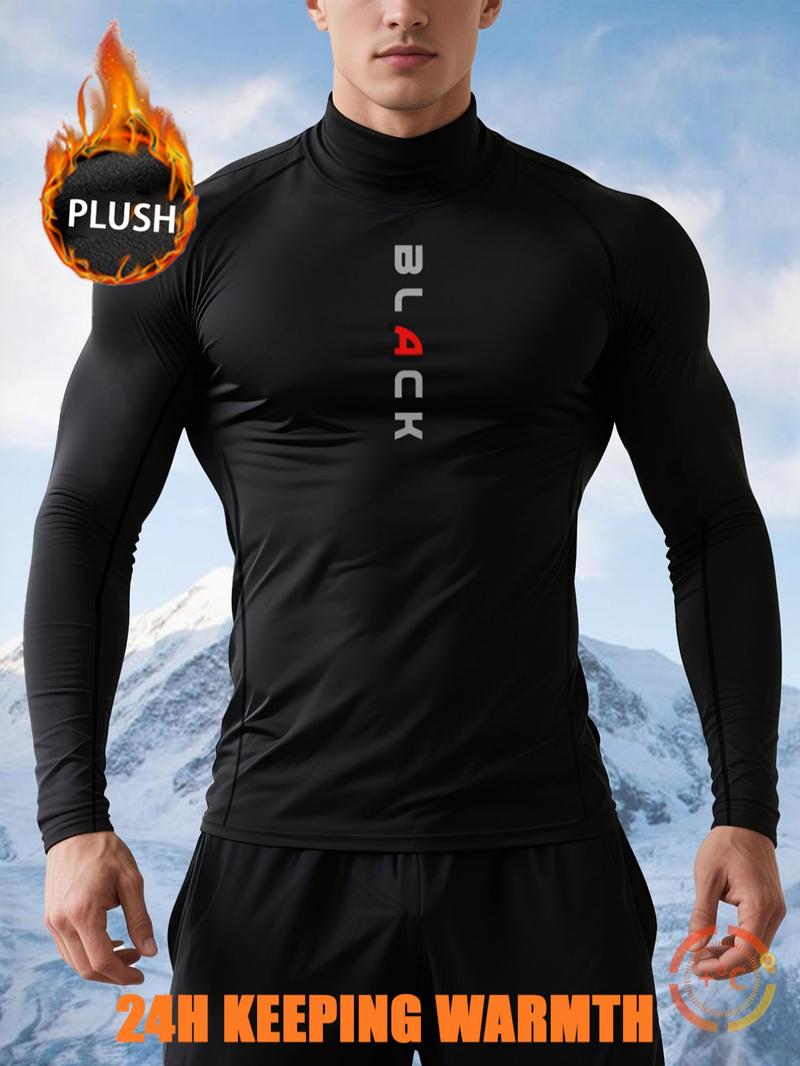 Men’s Winter Sports Top – Fleece-Lined Black Long Sleeve, Stand Collar, Stretch Fit with Graphic Print for Outdoor Training & Cold Runs, Athletic Tops