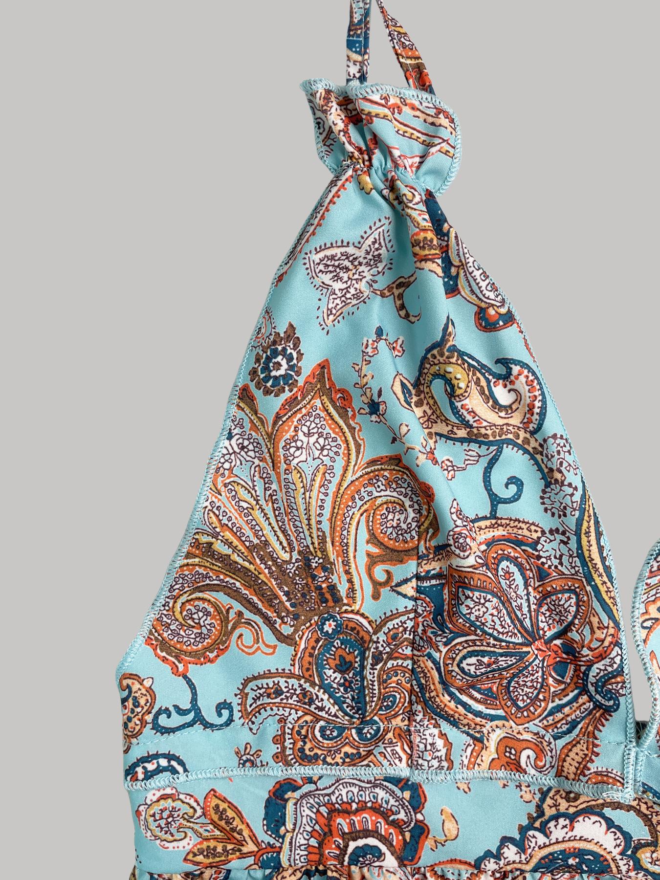 Women's Paisley Print Halter Neck Mini Dress - Backless Ruffled Tiered Dress for Beach & Music Festivals | Trendy Baddie Aesthetic, Viral TikTok Dress-Vacations & Casual Outings | Y2K Fashion, Flowy Summer Dress