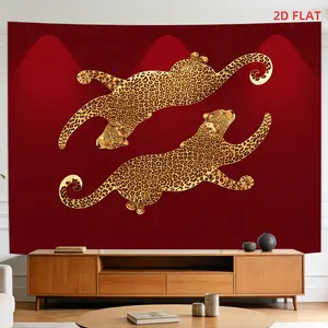 Pattern Printed Tapestry Leopards, Golden Print, Red Background, Mirror Image, Artistic Design, Room Wall Decoration, Non-luminous, Suitable for, Living Room, Meditation, Office, Party Decoration