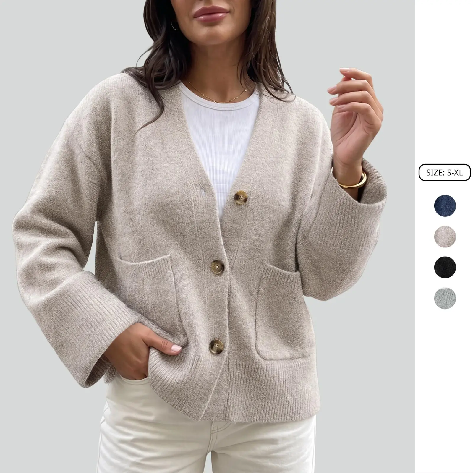 Imily Bela Women Oversized Wool V Neck Knit Cardigan Button Down Long Sleeve Sweater Jacket with Side Pockets Casual Soft Knit Outwear for Fall Winter