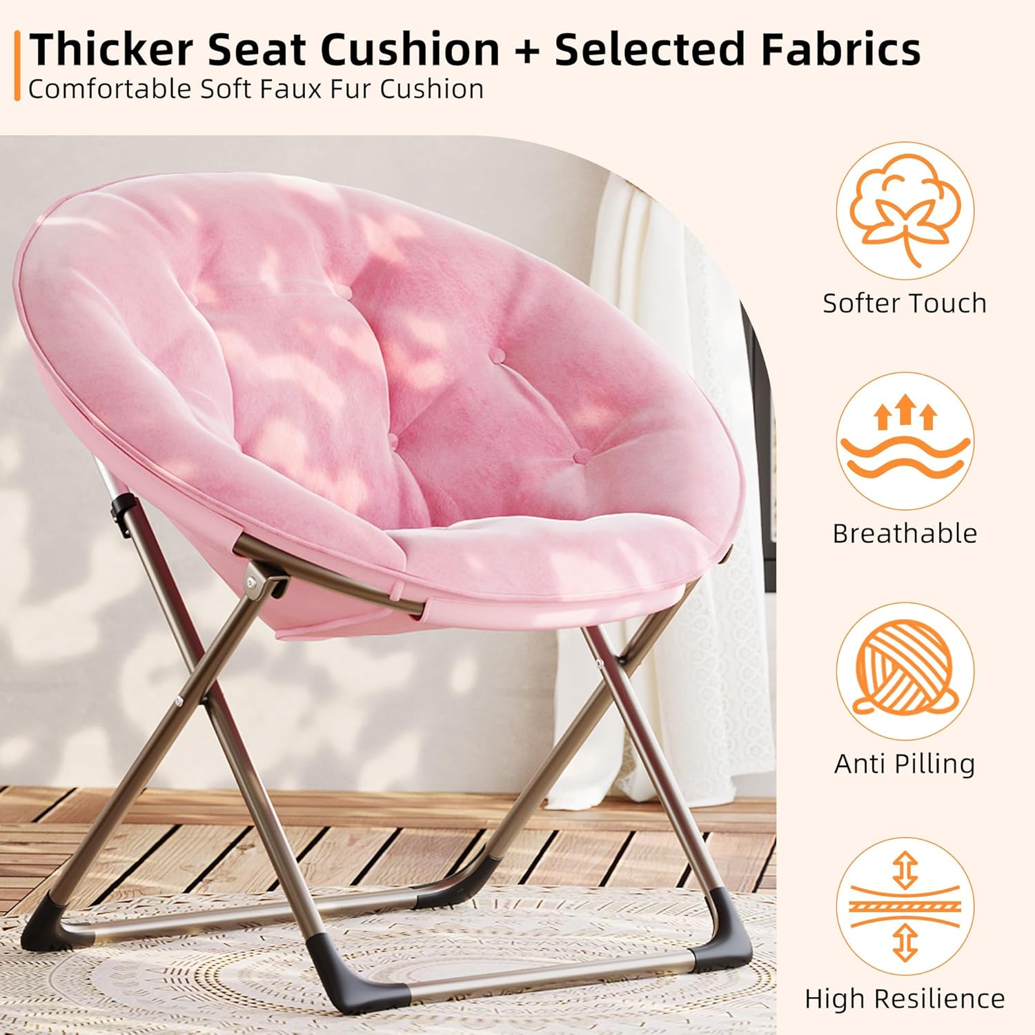 Comfy Oversized Saucer Chair, Soft Faux Fur Folding Moon Chair, Thick Padded Reading Lounge Chair with Stable Metal Frame for Living Room, Dorm, Office