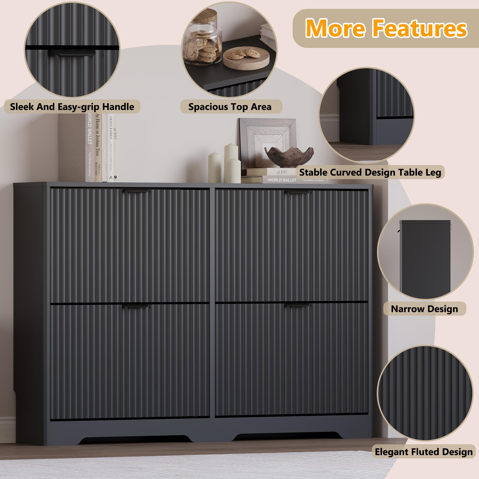 Shoe Cabinet Storage for Entryway with 4 Flip Drawers, Black Fluted Shoe Cabinet with Adjustable Shelves, Wooden Hidden Shoes Rack Freestanding Narrow Slim Shoes Storage for Hallway, Entrance Shoe Cabinet Storage for Entryway with 4 Flip Drawers, Black Fluted Shoe Cabinet with Adjustable Shelves, Wooden Hidden Shoes Rack Freestanding Narrow Slim Shoes Storage for Hallway, Entrance