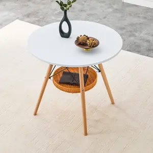 [Bellemave] 31.5 Inch Circular Dining Table with Suspended Woven Storage Basket, Casual Coffee Table with Solid Wood Legs, Suitable for 2-4 People
