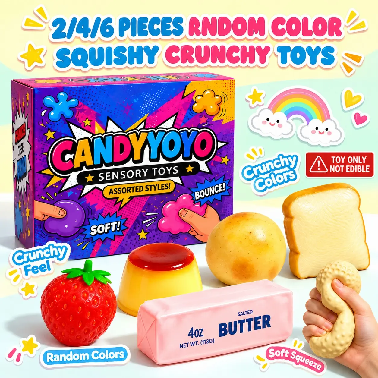 2/4/6-Piece Crunchy Squishy Mystery Box, Block-Clay Filled Food Squishy Toys, ASMR Fidget Stress Relief Set with Satisfying Texture, Fun Sensory Toys for Hand Relaxation, Desk Play, Party Favors, Birthday Gifts for Kids and Adults