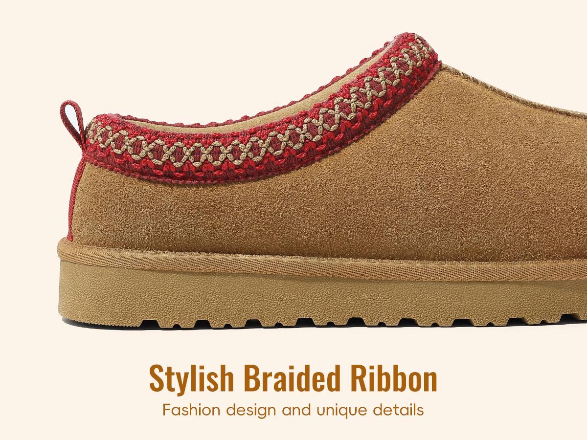 KIDMI Genuine Suede Fuzzy Slippers for Women Classic Braided Mini Boots Winter Warm House Shoes Indoor Outdoor Slip On Fuzzly Slippers with Fluffy Fur Lining Short Ankle Boots