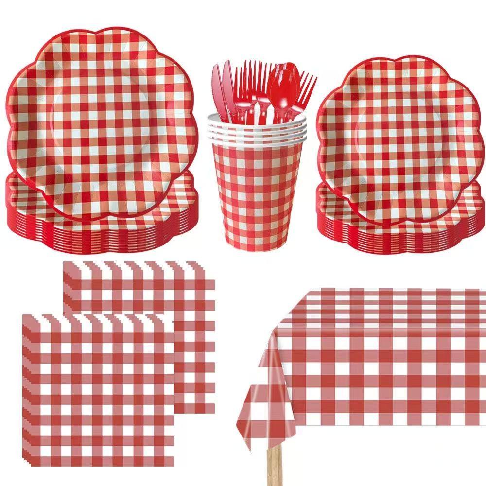 Party Supplies Set, 10-Person Plaid Design, Includes Tablecloth, Paper Plates, Cups, Napkins, Cutlery, Ideal for Birthday Parties