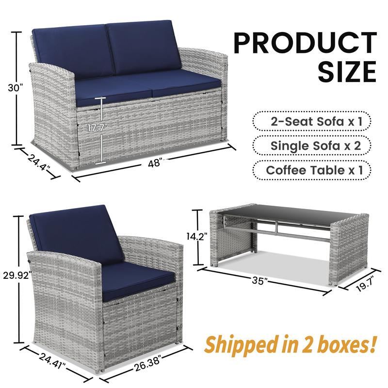 【Restock】Murago 4 PiecePatio Furniture Set, Wicker Outdoor Conversation Sets, Patio Furniture with Matching Wicker Coffee Table, Sofa, and 2 Chairs,Grey Rattan with Navy Blue Cushion 【Restock】Murago 4 PiecePatio Furniture Set, Wicker Outdoor Conversation Sets, Patio Furniture with Matching Wicker Coffee Table, Sofa, and 2 Chairs,Grey Rattan with Navy Blue Cushion