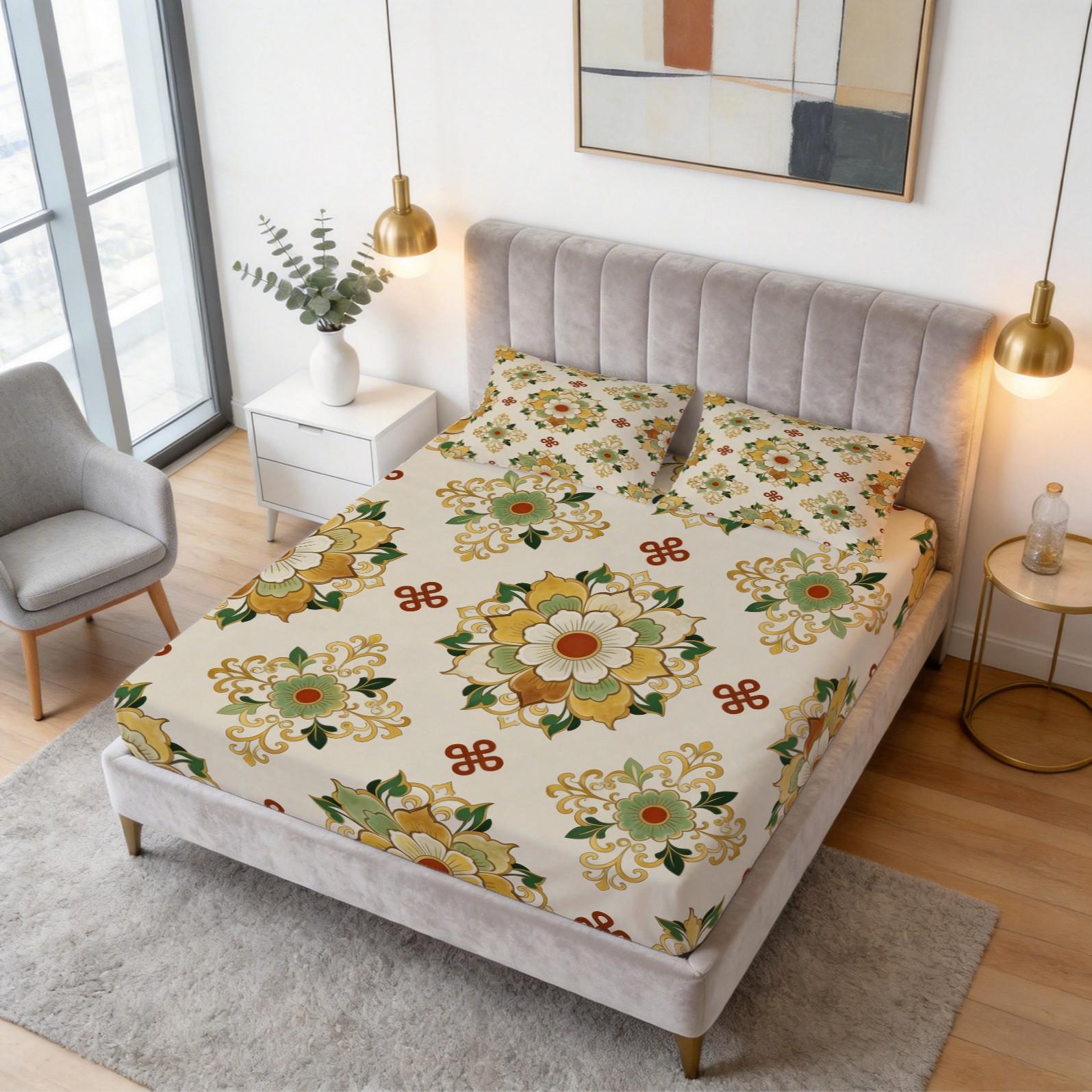 3 Piece Vintage Floral Mandala Fitted Sheet Set, HD Digital Printed Bed Sheet Set, Deep Pocket Soft Bedding Set (Pillowcases No Inserts) for Bedroom Decor