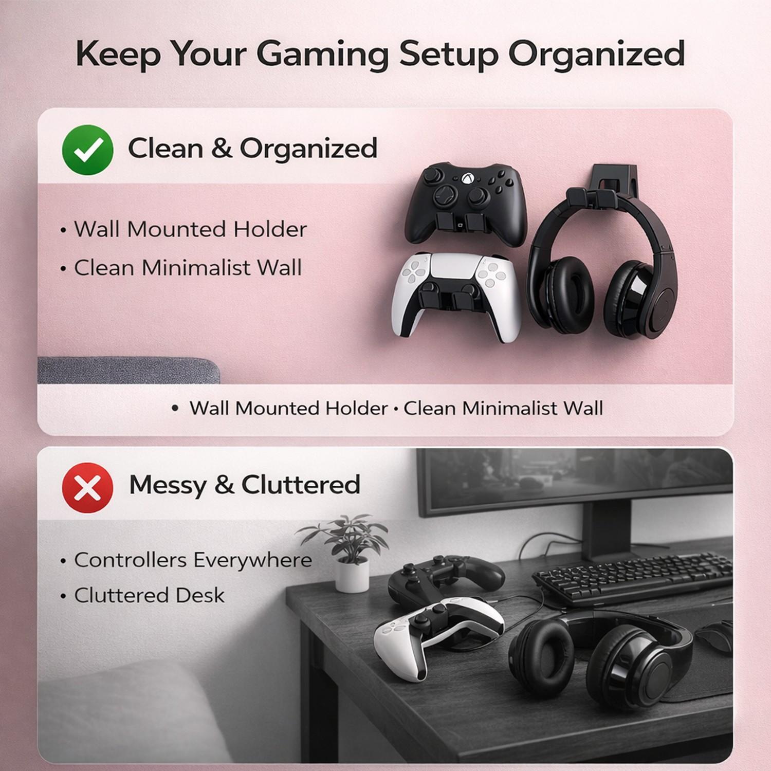 Universal Game Controller Wall Mount Holder, 2-Pack Adhesive Gamepad Storage Organizer, Fits Ps5/ps4/switch/xbox-One, Space-Saving Design